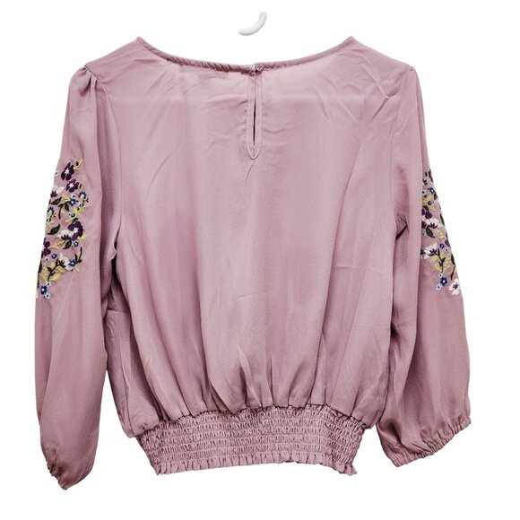 Womens Embroidered Sleeve Mauve Blouse With Smocked Hem By Haute Monde Size S - Picture 2 of 9